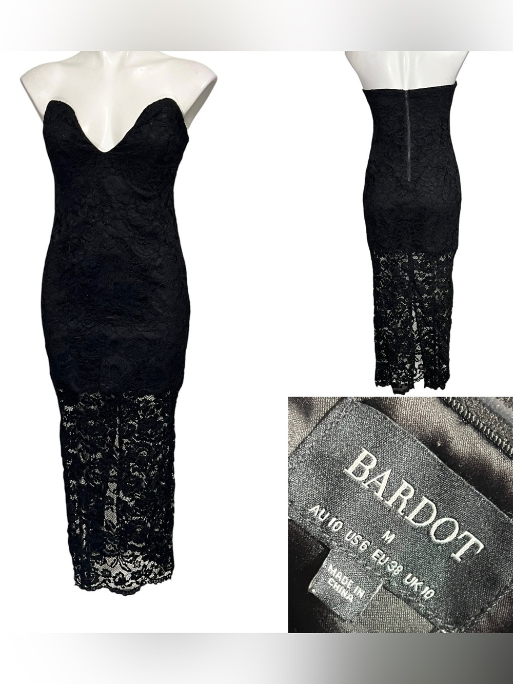 Bardot Strapless Black Lace Midi Dress M/6 cocktail date night party